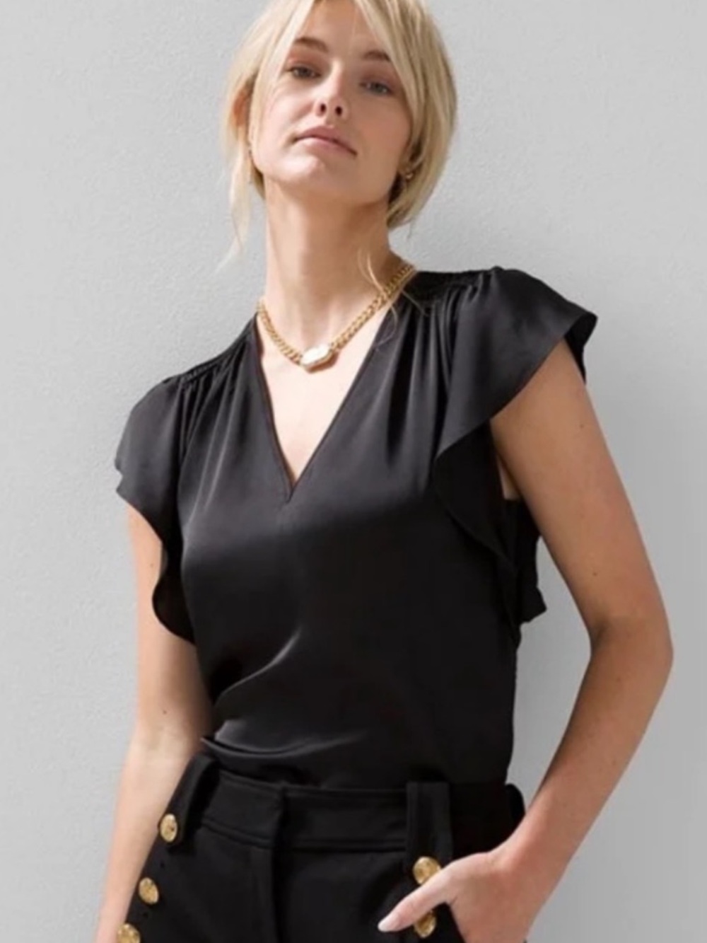 NWT White House Black Market Black Satin V-Neck Flutter Sleeve Blouse